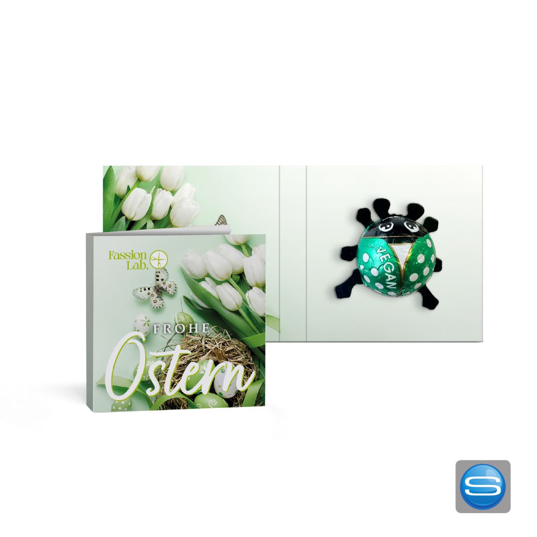 Veganer Glückskäfer in der Werbeklappkarte als Werbeartikel