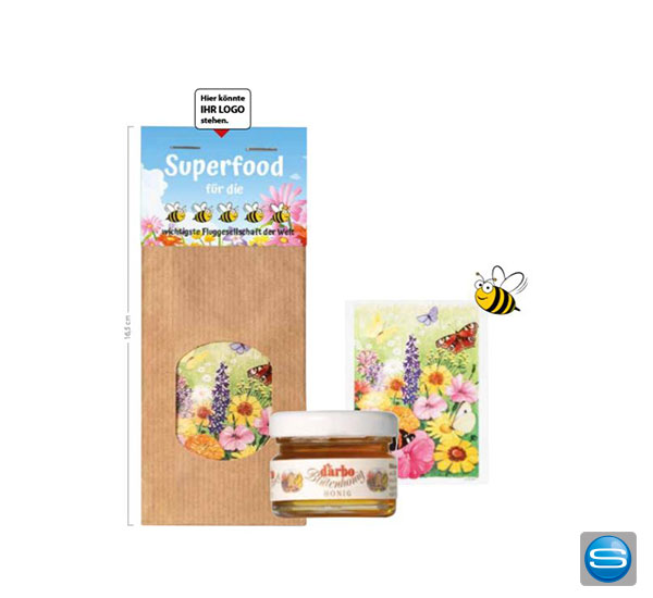 Geschenkset bestehend aus Honig und Blumensamen mit eigenem Logo bedrucken