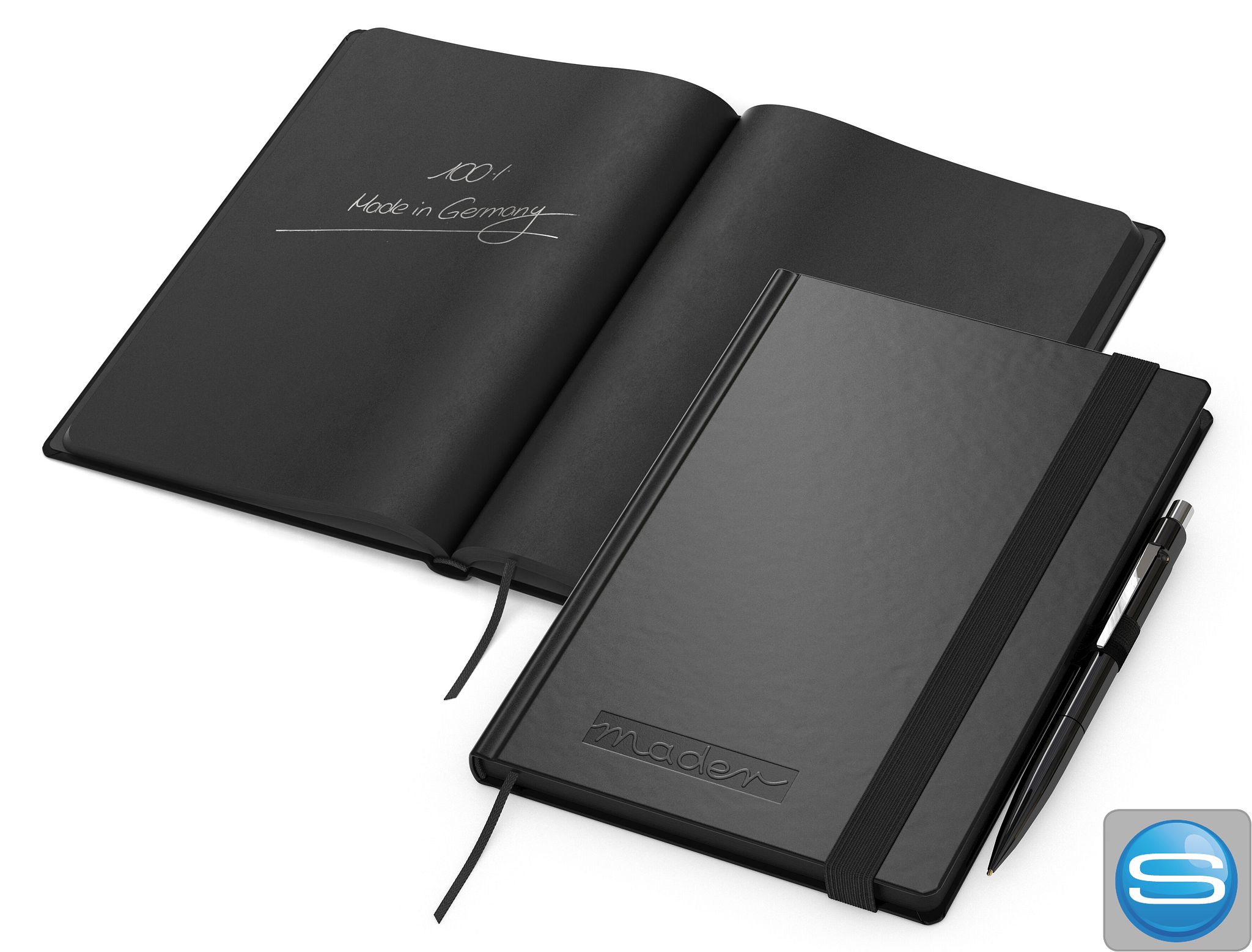 Schwarzes Notizbuch-Set A5 als Werbeartikel mit Logoprägung
