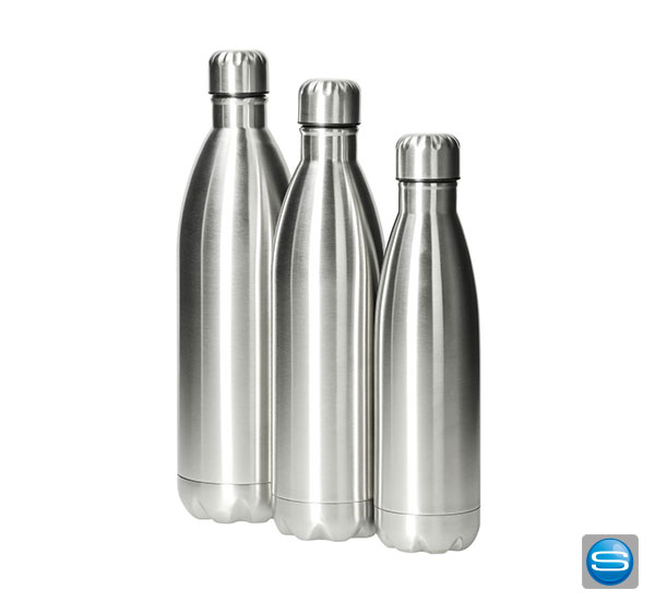 Vakuum Flasche aus Edelstahl doppelwandig als Werbegeschenk mit Logo graviert