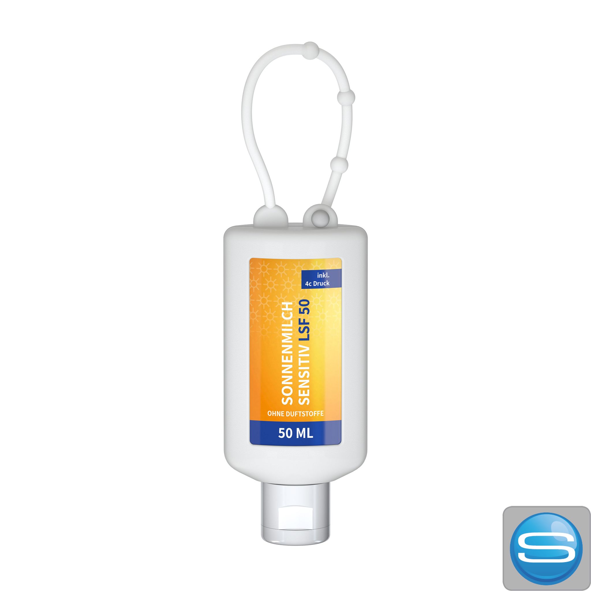 Sonnenmilch LSF 50 sensitiv im 50 ml Bumper – Werbeartikel mit Body Label und eigenem Logo