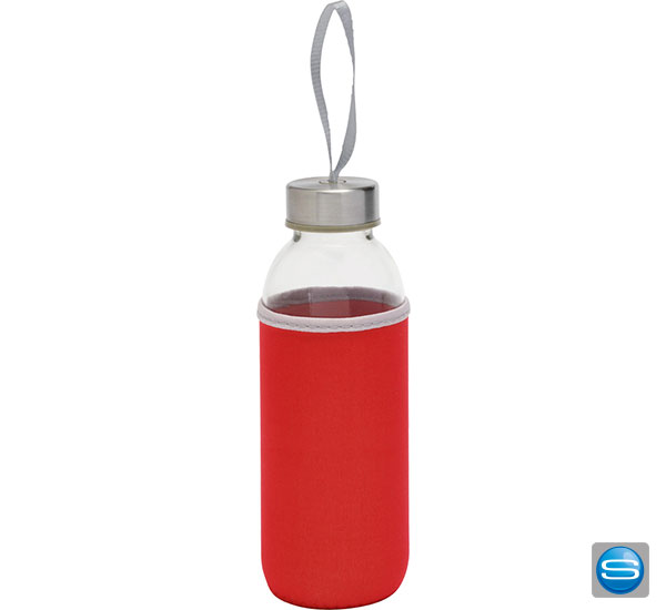 Glasflasche mit farbiger Schutzhülle mit Logodruck