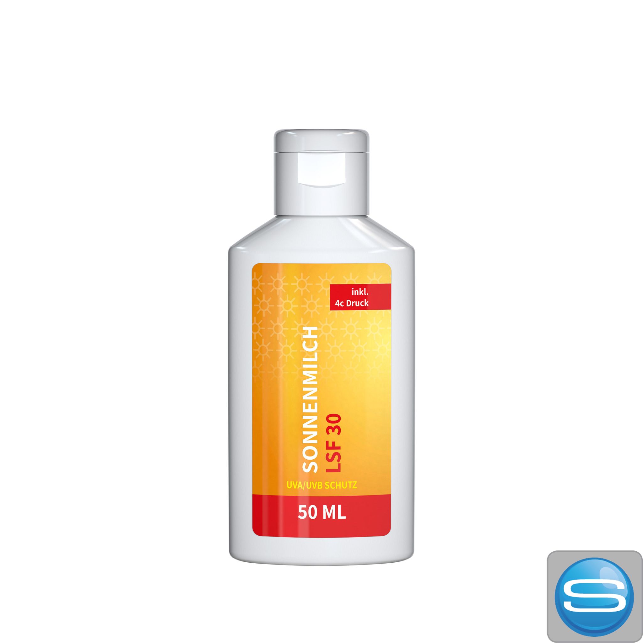 Sonnenmilch LSF 30 50 ml Flasche – Werbeartikel mit Body Label bedruckt