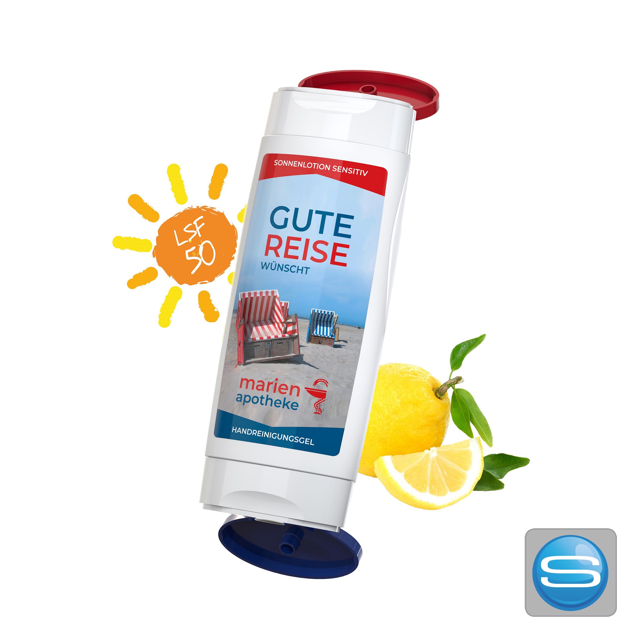 DuoPack Sonnenmilch LSF 50 sensitiv + Handreinigungsgel mit eigenem Etikett als Werbeartikel