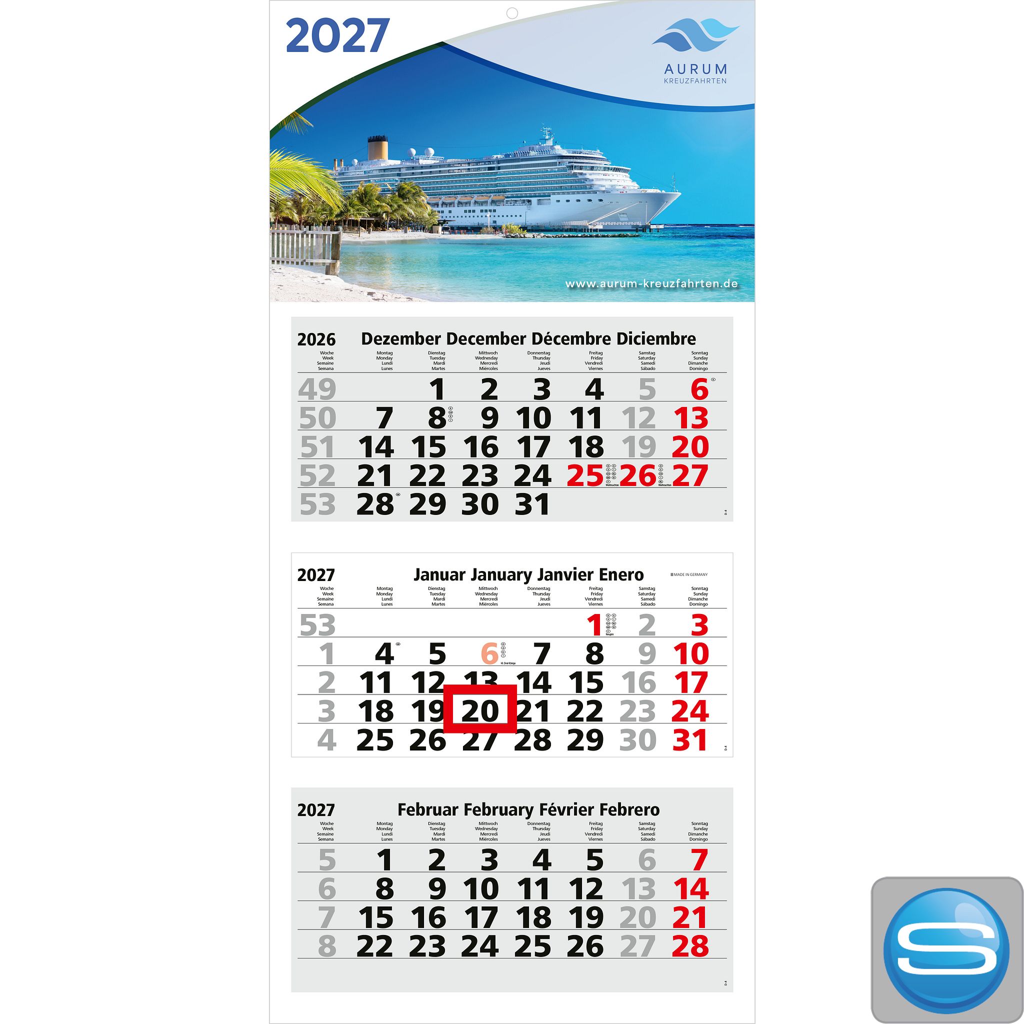 3-Monatskalender Medium Light 3 mit Logodruck als Werbegeschenk
