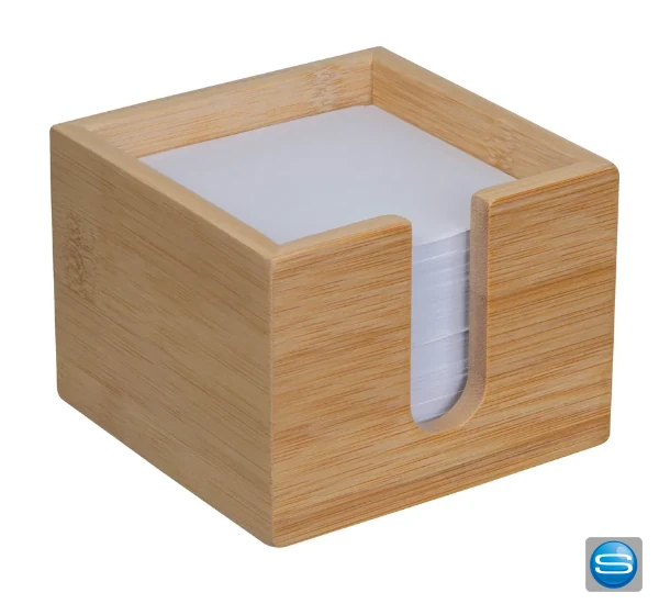 Zettelbox aus Bambus mit recyceltem Papier und Ihrem Logo bedruckt