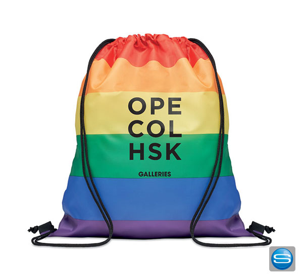 Regenbogenfarbiger Beutel als Werbegeschenk mit Logodruck