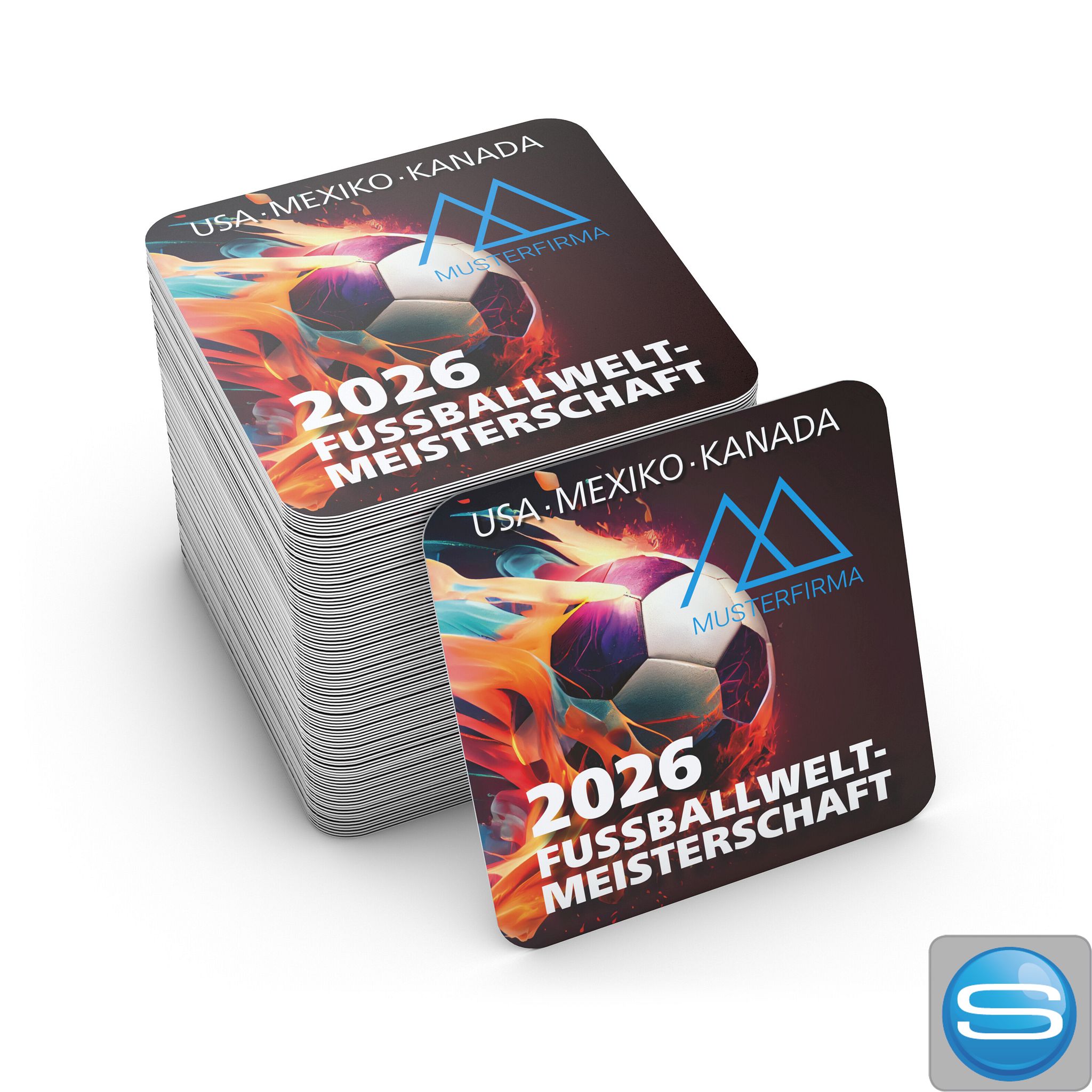 Quadratischer WM-Bierdeckel mit Feuerball-Motiv als Werbegeschenk