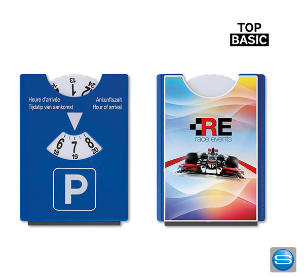 parkscheibe-mit-eiskratzer Parkscheibe mit vollflächig bedruckbarer Rückseite als Werbegeschenk