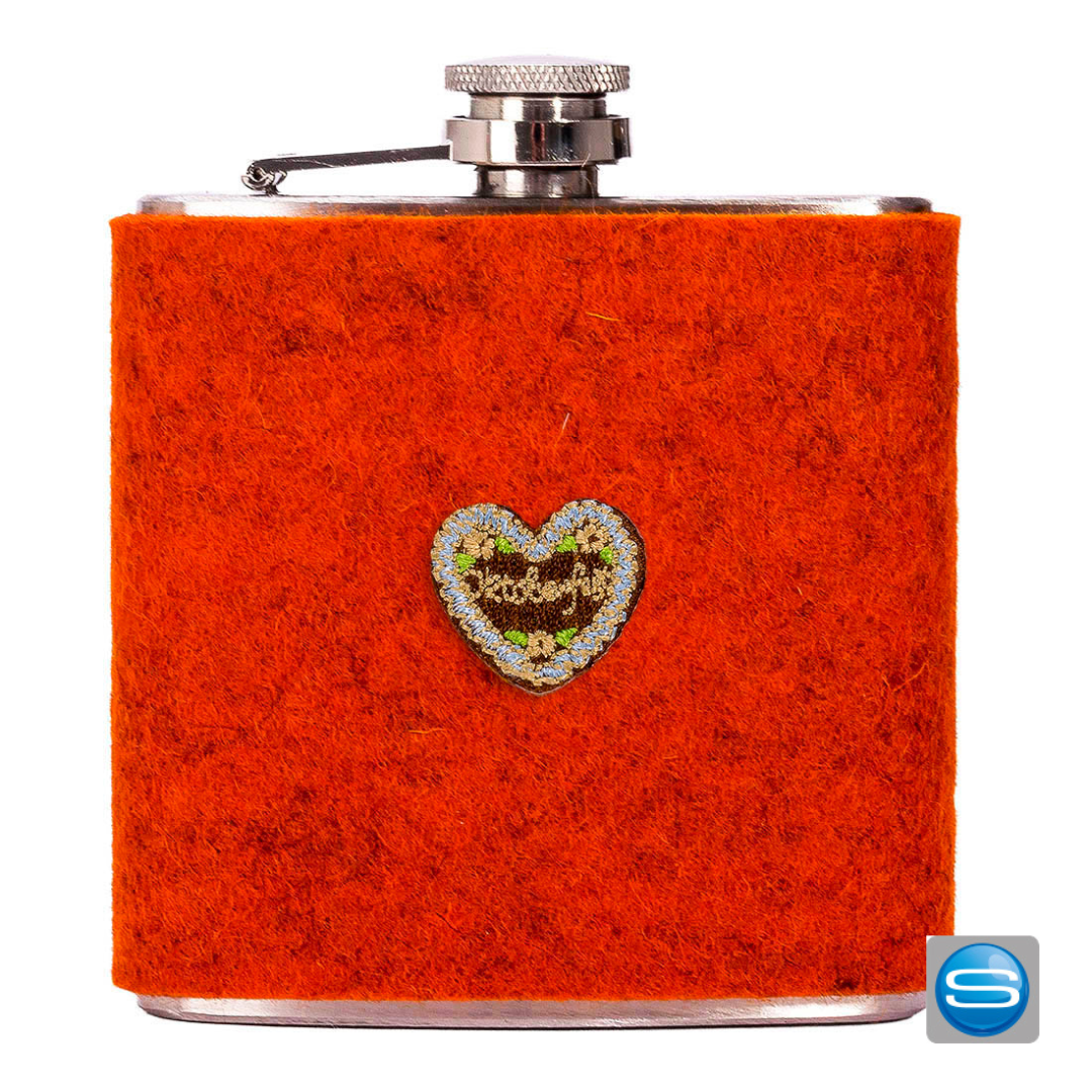 Flachmann Sepp mit Filzmanschette mit Ihrem Logo Flachmann Sepp mit Filzmanschette mit Ihrem Logo