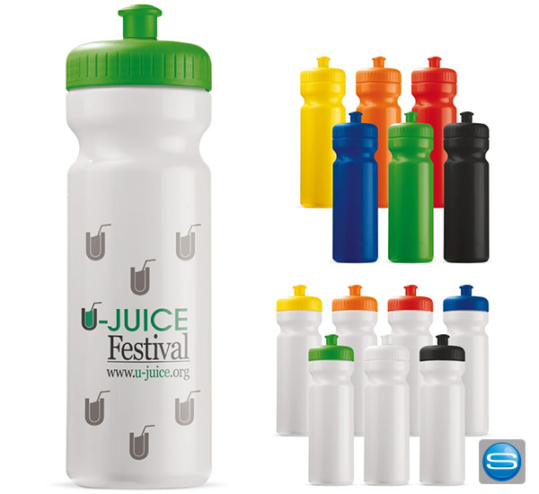 Klassische 750 ml Trinkflasche als Werbeartikel nach Wunsch farblich kombiniert mit Logodruck