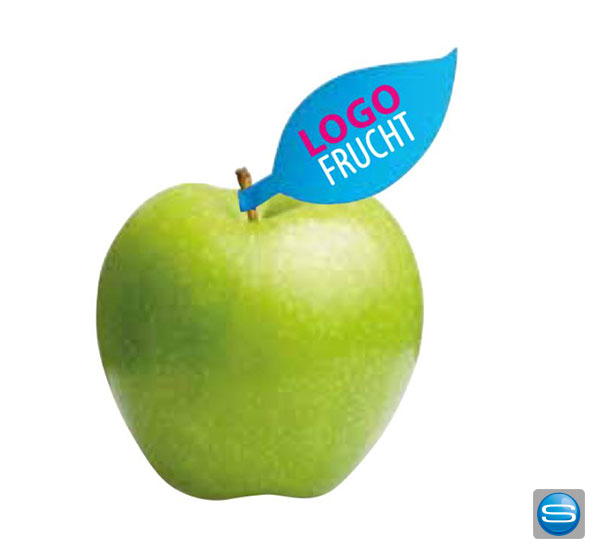 Apfel mit beidseitig bedruckbarem Apfelblatt als Werbeträger mit eigenem Logo