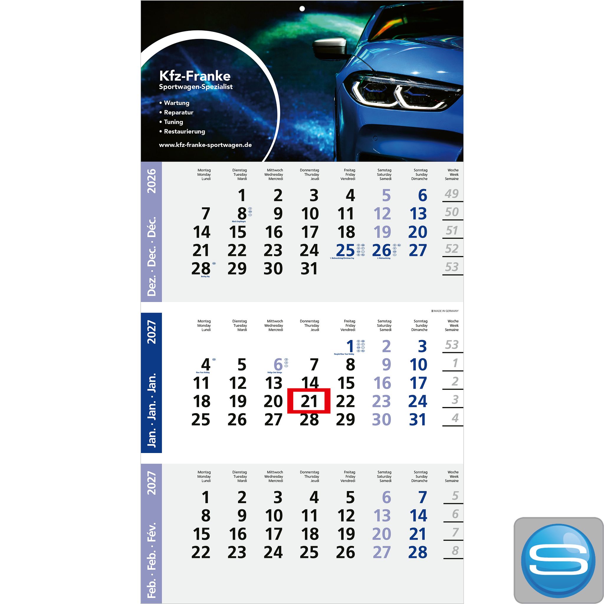 3-Monatskalender Einblatt Logic 3 Post A als Werbeartikel mit Logodruck