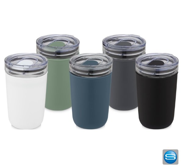 420ml Borosilikatglas Becher mit Gehäuse aus recyceltem Kunststoff als Werbeartikel