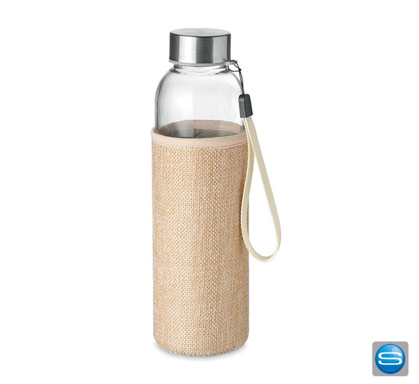 glasflasche-mit-logo-gravieren Bedruckbare Glas Trinkflasche mit Jute Schutzhülle