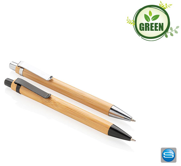 Bambus-Kugelschreiber mit Clip aus Metall als Werbeartikel mit Logo bedrucken