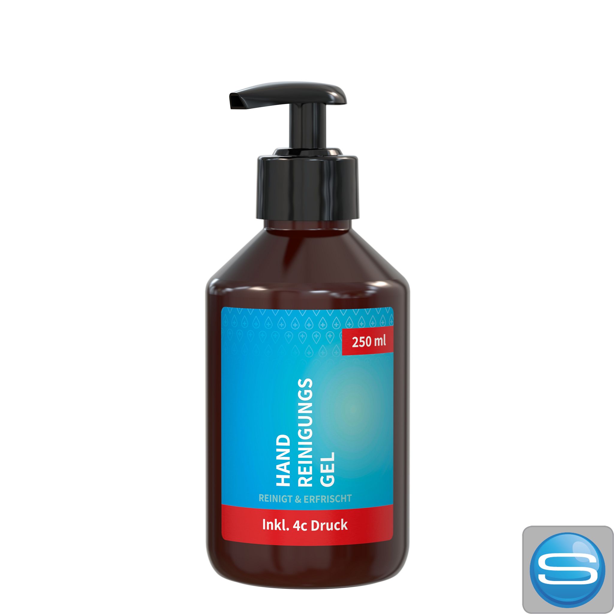 Handreinigungsgel-Spender 250 ml R-PET mit Body Label als Werbeartikel