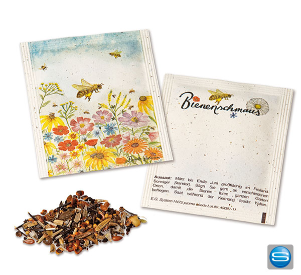 blumensaat-fuer-bienenweide-mit-logo Bienenblumen in Veggie Tüte als Werbeartikel