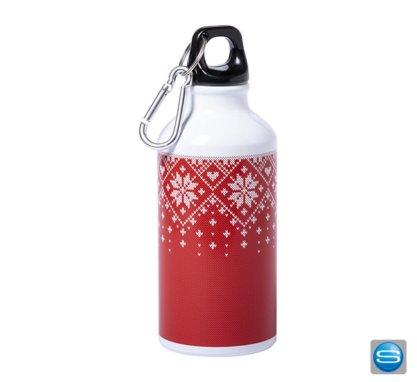 Aluminium-Sportflasche im Weihnachtsdesign mit Karabinerhaken als Werbeträger mit Logodruck