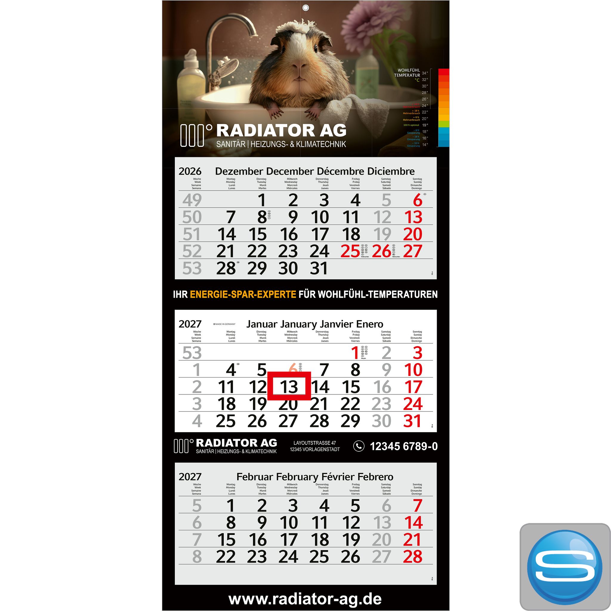 3-Monatskalender Profil 3 mit individuellem Logodruck