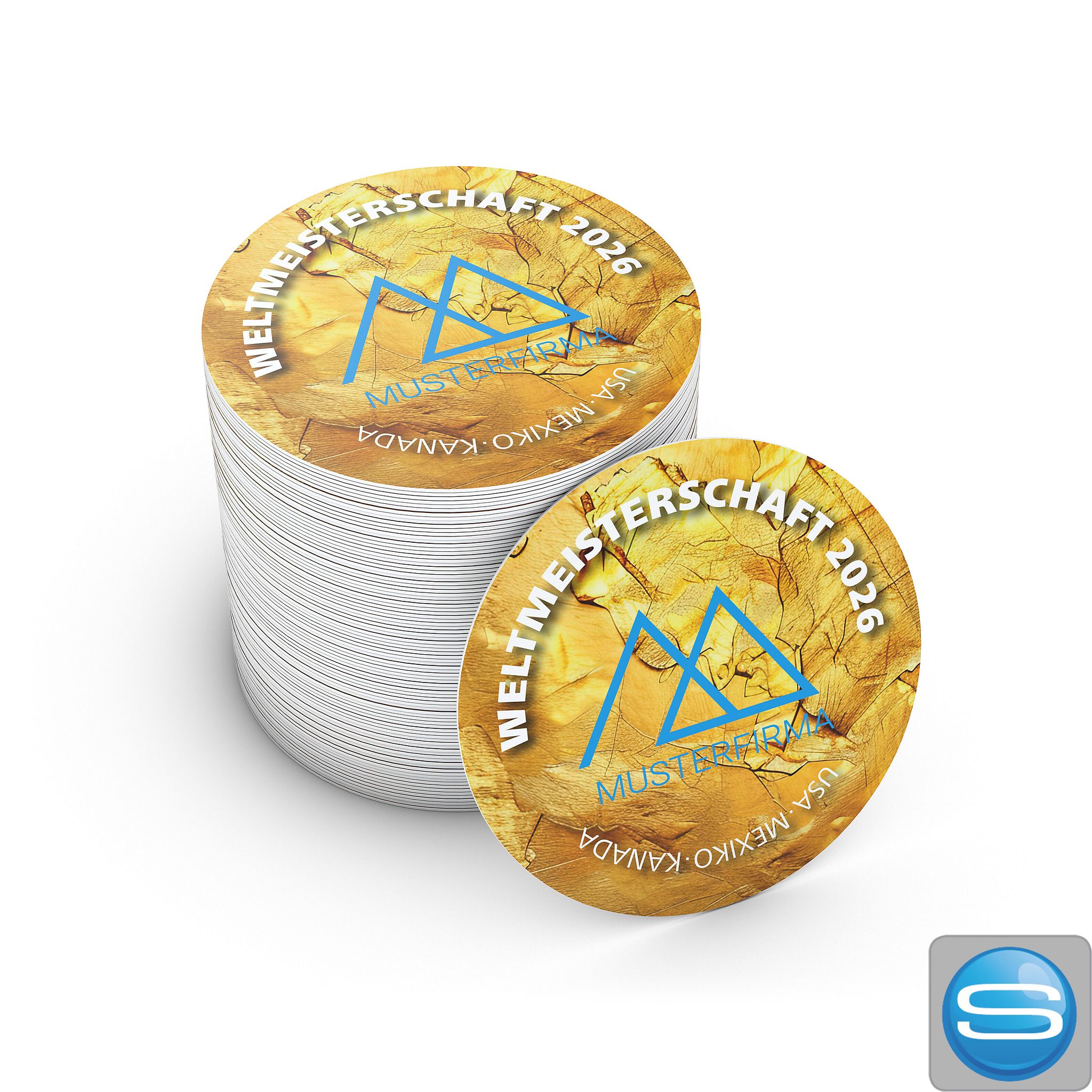 Runder WM-Bierdeckel aus Holzschliffpappe mit Logodruck