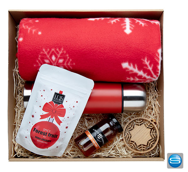 geschenkset-mit-logo-gestalten Geschenkbox mit roter Schleife als Kundengeschenk