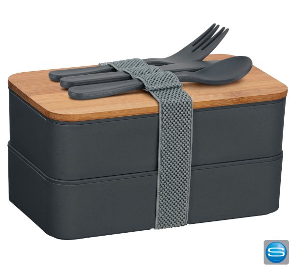 Lunchbox mit Bambusdeckel und Besteck als Werbeartikel