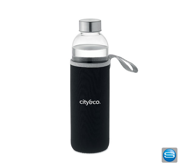 flasche-gravierbar Trinkflasche mit Schutzhülle  als Werbegeschenk mit Logodruck